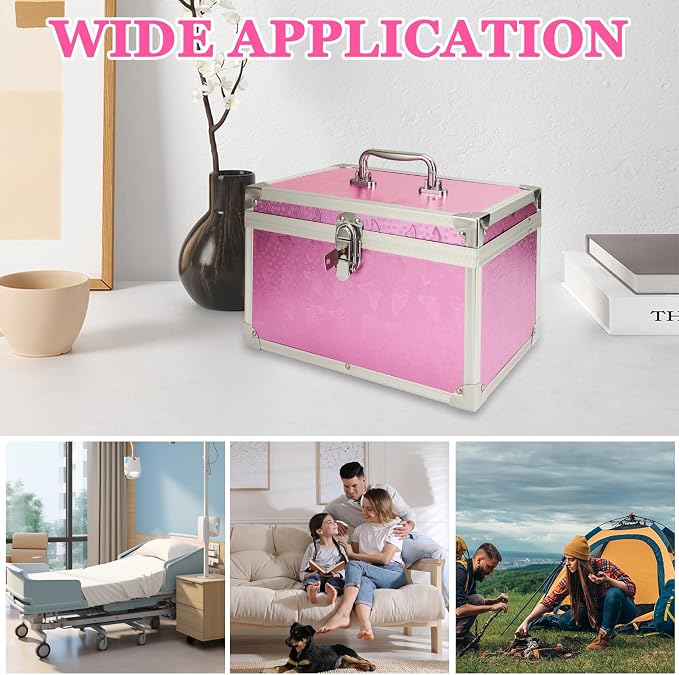 12 x 7 x 7.5 Inch Medication Lock Box with Key, Locking Box with Portable Storage Case, Security Lock Boxes Medicine Storage Box for Cash, Medicine, Documents and Valuables - Pink
