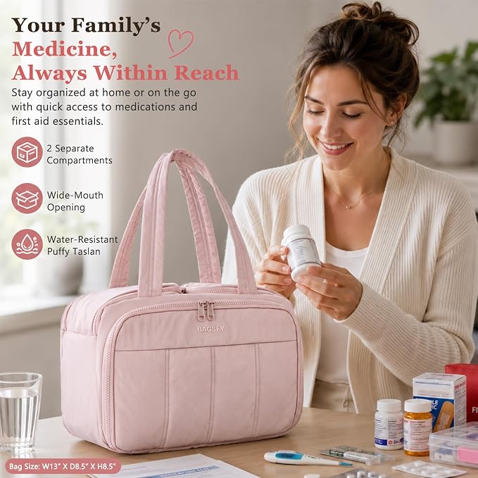 Travel Medicine Storage Bag with 2 Compartments, Wide-Mouth Medical Organizer, Puffy Lightweight First Aid Bag for Prescription Bottles, Pill Cases, Medical Supplies & Family Emergency Essentials