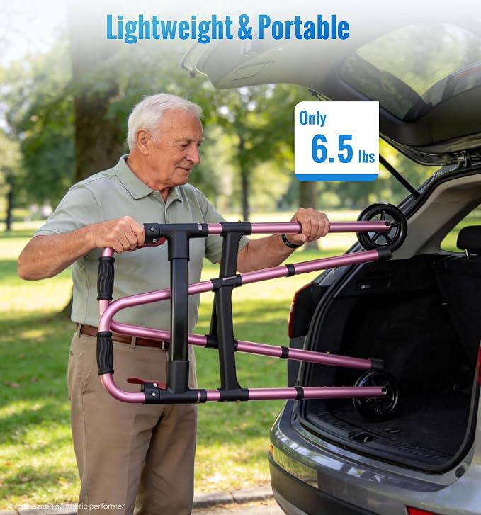 HOMLAND Standard Walkers for Seniors, 6.5lb Lightweight Foldable Walker | One-Hand Folding, 8 Height Adjustments, 350lb Capacity, Easy to Assemble, 2 Skis, 5" Wheels, Aluminum Frame, Rose Red