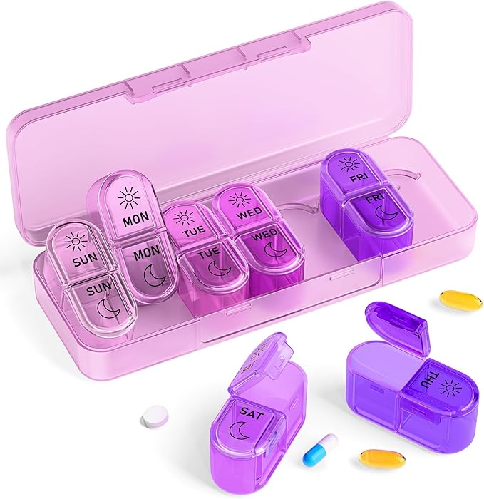 Pill Organizer, Am & Pm Pill Organizer 7 Days, Weekly Pill Case 2 Times a Day, Cute Pill Box 7 Day, Medicine Organizer for Travel, Vitamins, Fish Oils, Supplements (Gradient Pink-Purple)
