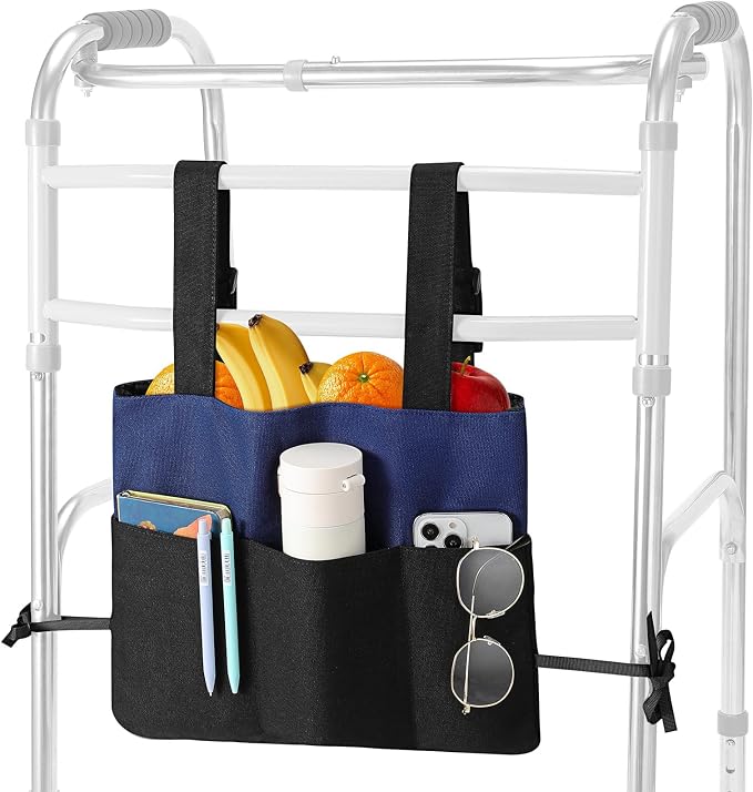Rhino Valley Walker Bags for Walker Accessories for Seniors,Blue & Black | Walker Basket for Folding with Cup Holder, 7 Pockets with Adjustable Strap Rope,Foldable Walker Accessories for Seniors