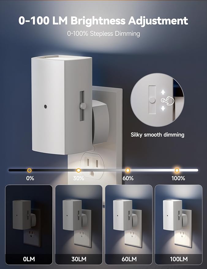 Brightown 2 Pack White Night Lights with Rotating Plug, Pure White | Modern Night Light with Rotating Plug, Dusk to Dawn Sensor, 0-100LM Stepless Dimming Night Light for Hallway Bedroom Bathroom
