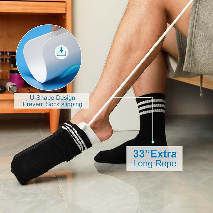 Jellas Sock Aid for Putting On Socks Kit,4.0 Inch Sock Helper for Seniors | Flexible Long Rope Design, Easy Put On Take Off Socks, Comfort Independence Helper, White