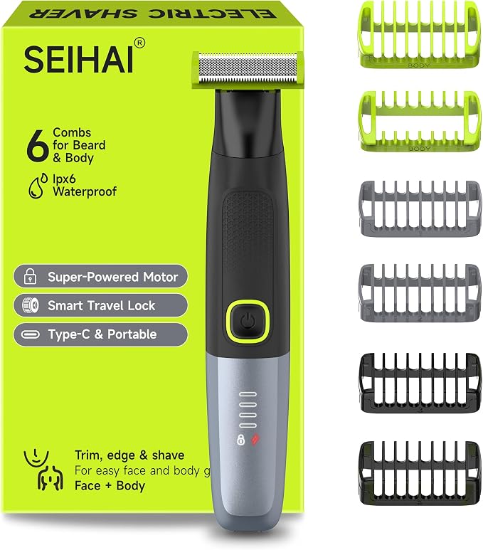 Body Hair Trimmer for Men, Electric Groin & Pubic Hair Trimmer, Painless Body Shaver for Chest, Legs, Bikini, Waterproof Wet/Dry, USB-C Rechargeable, Self-Sharpening Blades, 6 Guide Combs