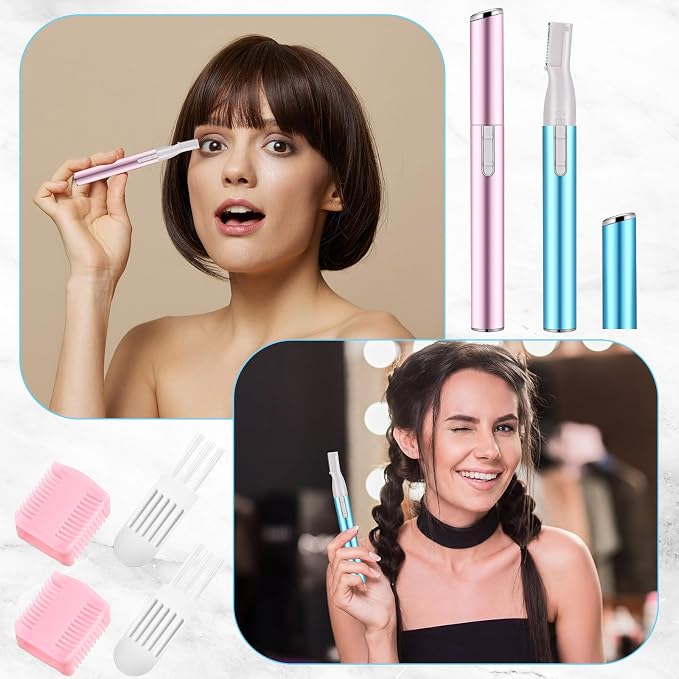 Chumia 2 Pcs Electric Eyebrow Trimmer Women Precision Face Razors Mini Shaver with Comb Christmas Women Gift Battery Operated Personal Epilator for Face Neck Fuzz Lips Leg(Pink,Azure)