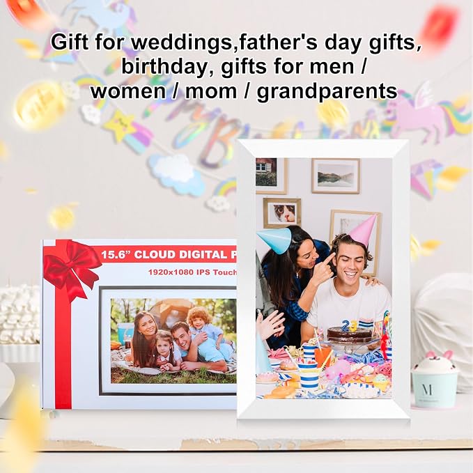 Digital Picture Frame 15.6 Inch Large Frameo Digital Photo Frame，32GB, 1920 * 1080 IPS HD Touch Screen, Electronic Picture Frame IPS Touch Screen with Auto-Rotate, Frameo Digital Frame WiFi(White)
