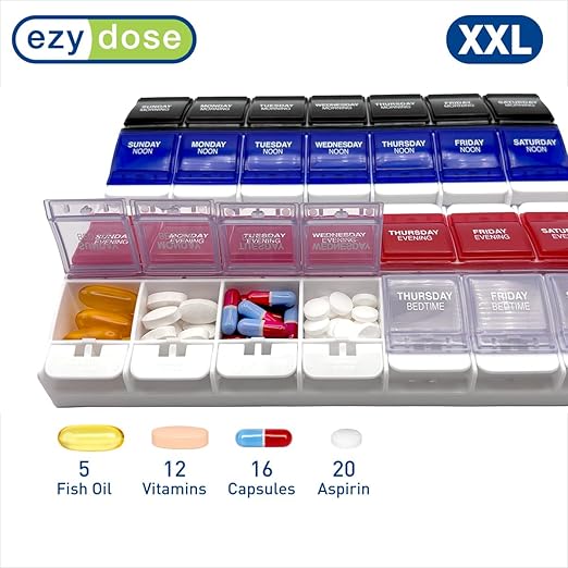 Ezy Dose Push Button Weekly 7-Day, 4X/Day Pill Organizer, Blue & Red, 2XL | Weekly Pill Case, Medicine Planner, Daily Vitamin Organizer, 4 Times a Day, Arthritis Friendly Push Button Lids, BPA Free