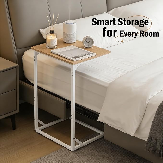 C Shaped End Table for Couch, Small Side Table for Living Room & Bedroom, Slide Under Sofa Table for Laptop, Coffee, Snacks, Easy Assembly, Modern Design