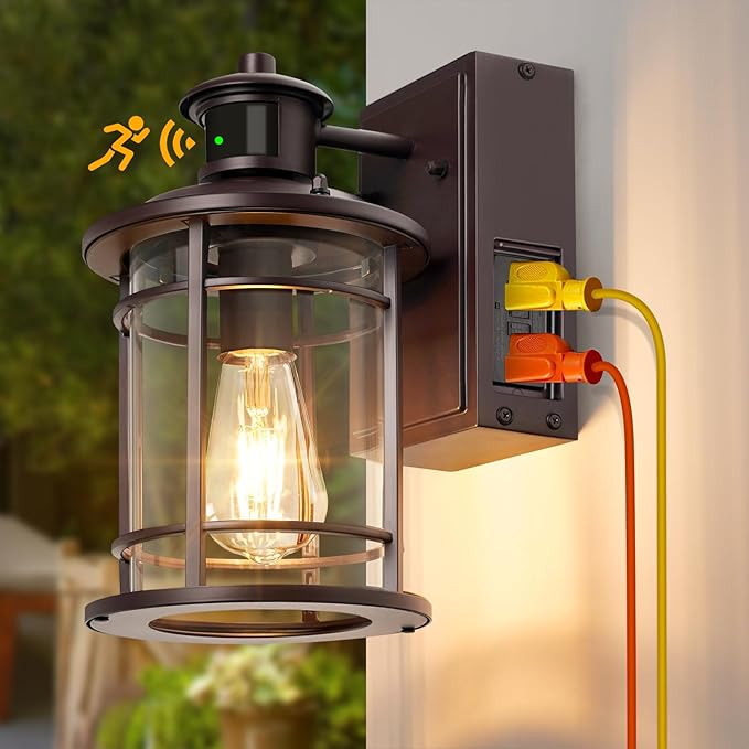 Retro Industrial Brown Outdoor Wall Lights with GFCI Outlet - Dusk to Dawn & Motion Sensor Porch Light, 3 Modes, Waterproof Anti-Rust Exterior Sconce for Porch,Garage, Patio, House