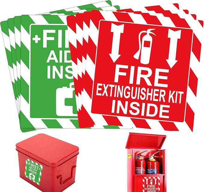 Green First Aid Kit Inside Red Fire Extinguisher Inside Sticker Safety Sign | 4 Inch Adhesive First Aid Kit Sign Decals UV Resistant 8 Pcs Industrial Safety Warning Decal for Trucks or Equipment