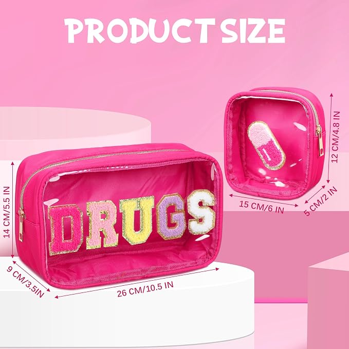 Hillban 2 Pcs Medicine Bag Chenille Letter Patch Meds Bags Travel Cases Preppy Clear Nylon Portable Makeup Bags Zipper Cosmetic Toiletry Storage for Women PVC Transparent Mini First Aid Bag(Stylish)