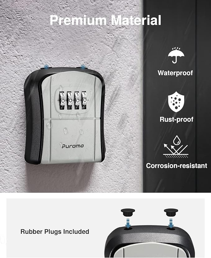Puroma Key Lock Box Outdoor 4 Digit Code Combination Lockbox House, 4 Gray | For Contractors Guest Realtor Storage Keys, Portable, Home Wall Mount, Resettable, Combination, Weatherproof, High-capacity