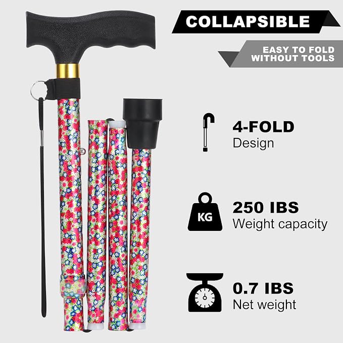 PARLORA Walking Cane for Women and Men, Collapsible, Lightweight, Sleek, Foldable Folding Cane | Walking Sticks for Seniors & Adults with Comfortable T-Handle