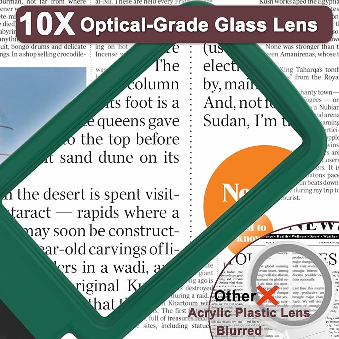 10X Magnifying Glass with Light and Stand, Real Glass Lens, Rechargeable Foldable Handheld Magnifier, 3 Color Modes Dimmable Lighted Page Magnifier for Reading Fine Prints, Seniors, Green Black