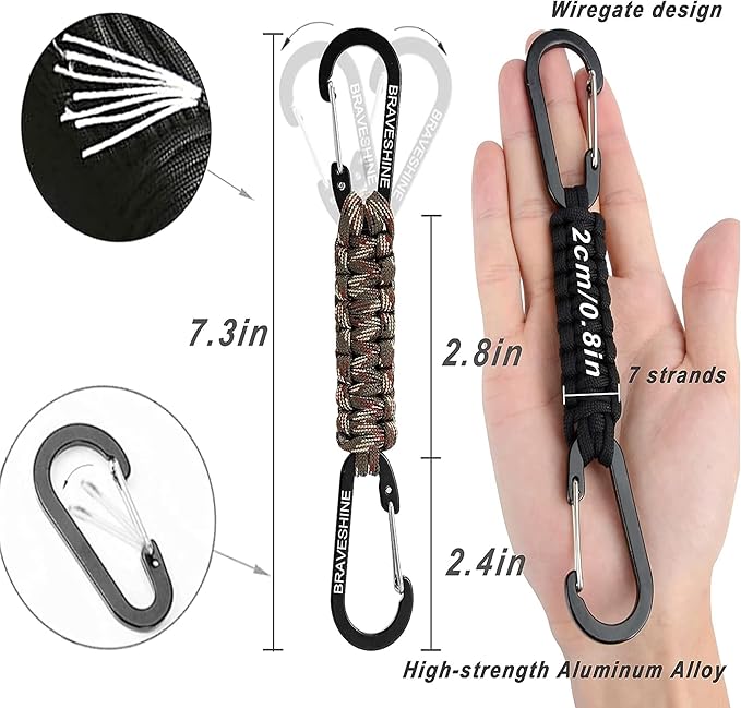 BRAVESHINE Paracord Keychain Carabiner Clip | D Ring Hanger Lanyard Hook | 7.3inch Long | for Stroller, Water Bottle, Key, Backpacks, Men, Women, Luggage, Car Seat Headrest, Fence, Bag Charms