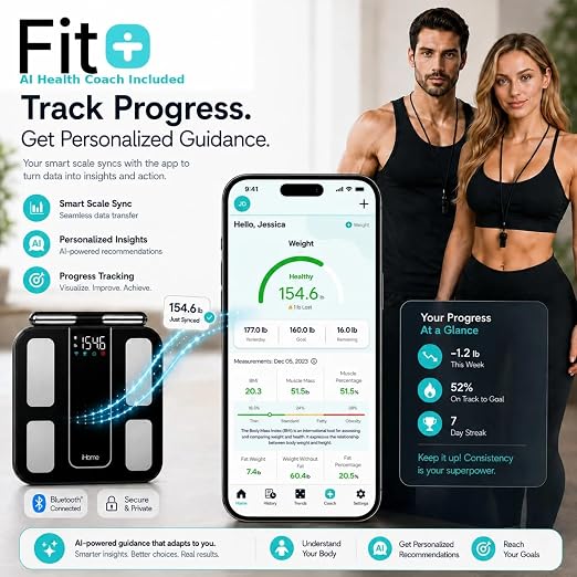 iHome 8 Electrode Smart Scale for Body Weight — Smart Scale with BMI, Body Fat, Muscle Mass, 56 Composition Metrics, Heart Rate, Bluetooth, 397lb