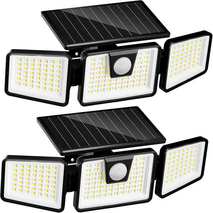 INCX Solar Lights Outdoor, 3000LM Motion Sensor Outdoor Lights, 2PCS, Black | 3 Adjustable Heads; 156 LEDs; IP65 Weather Resistant; 6500K Daylight; Wide coverage for garages,yards,patios,and entryways