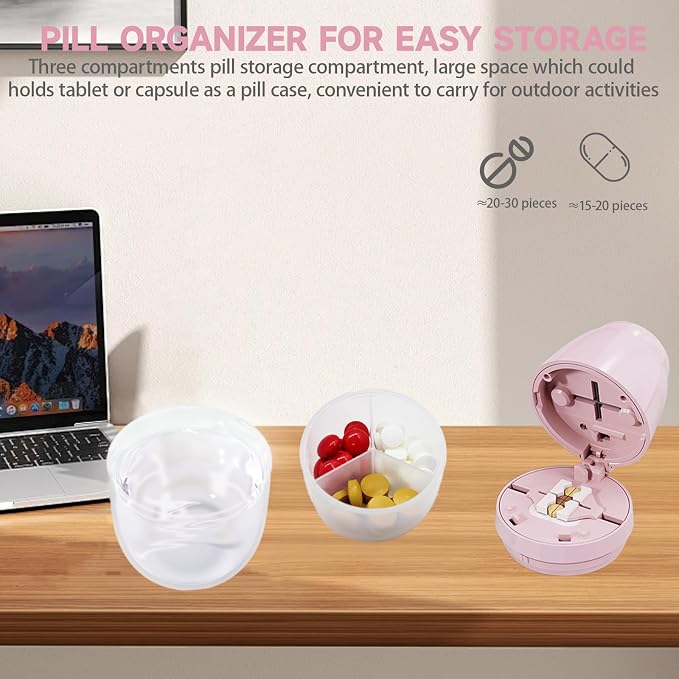 Pill Cutter with Water Cup, 1/4 Pill Splitter for Small and Large Pills Precision Quarter Cutter Splitter with Dispenser, 3-Compartment Storage | Stainless Steel Blade (Pink)