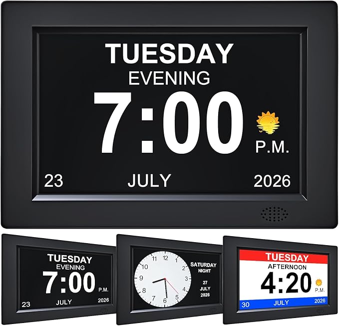 8 Inch Black Digital Dementia Clock, Large Display Calendar Clock, 15 Medication Reminders, Auto DST, Auto Brightness Adjustment, Equipped with Remote Control