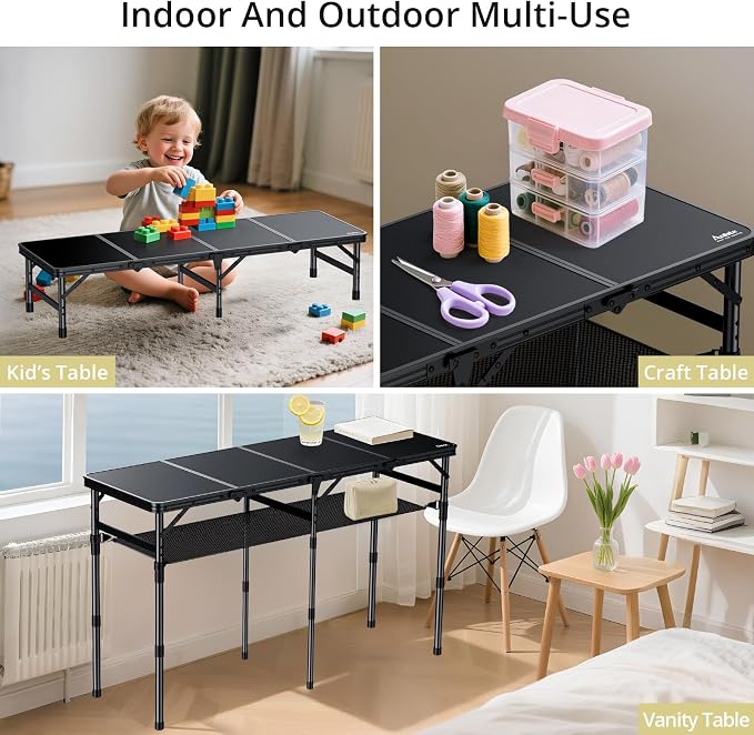Anbte 4-Fold Camping Table, 3 Adjustable Height Max 27.5”, 46” X 16”, Black | with Storage Net, 4ft Aluminum Portable Camping Table, Lightweight, For Picnic Beach Outdoor Indoor RV Travel Tailgate