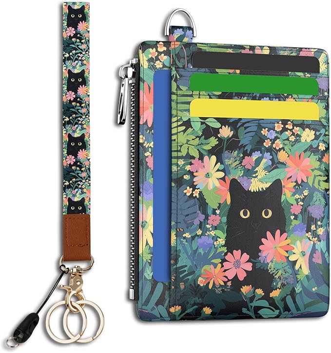 Hancynir Black Cat Slim Wallet Women Credit Card Holder Wristlet RFID Small | Cute Keychain Lanyard Wallet, Travel Zipper Coin Pocket, Ladies Gifts Women, Minimalist Card Case, 6 Card Slots, PU Leather