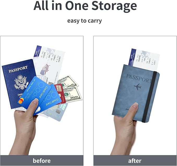 Passport Holder, Passport Cover with Credit Card Slot and Boarding Pass Slot Combo, Passport Wallet Case Book Travel Must Have, RFID Blocking Leather Travel Accessories, Marine Blue