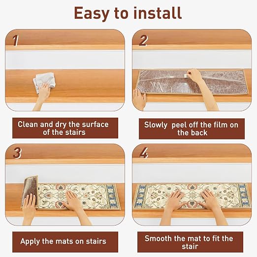 Non Slip Stair Treads for Wooden Steps, 30in x 8in Indoor Staircase Step Treads for Dogs, Reusable Stair Carpet Runner with TPR Adhesive, Oriental Design
