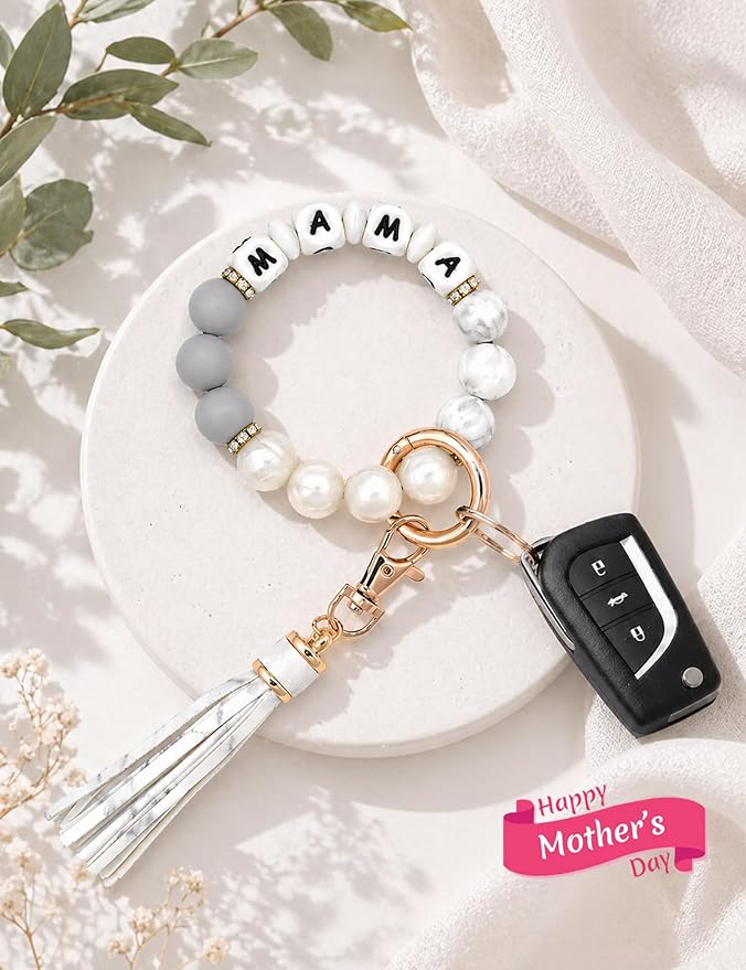 BAOSIWA Silicone Beaded Bracelet Keychain Wristlet Key Ring Bangle Chains for Women with Leather Tassel