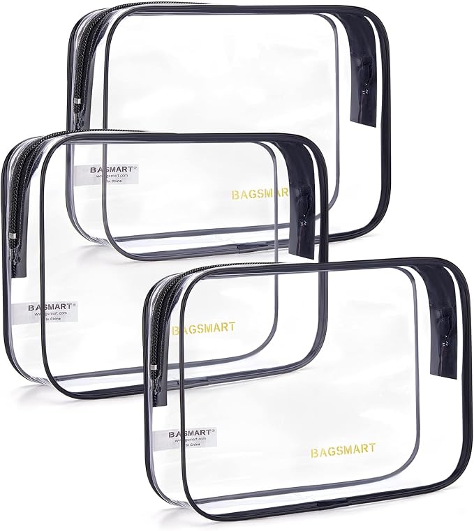 BAGSMART Clear Toiletry Bag 3-Pack TSA Approved Water-Repellent, Black | Carry on Travel Accessories Bag, Airport Airline Quart Size Bags for Women Men, Makeup Cosmetic Bag