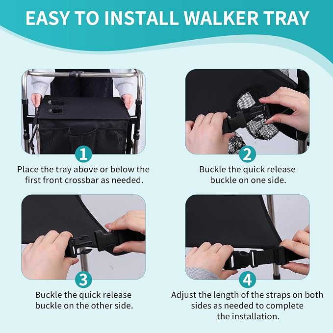 Walker Tray for Folding Walker, Tray for Walkers for Food, 3 Front Pockets & 2 Cup Holders, Fits Most Standard Rolling Folding Walkers, Walker Accessories for Senior, Black
