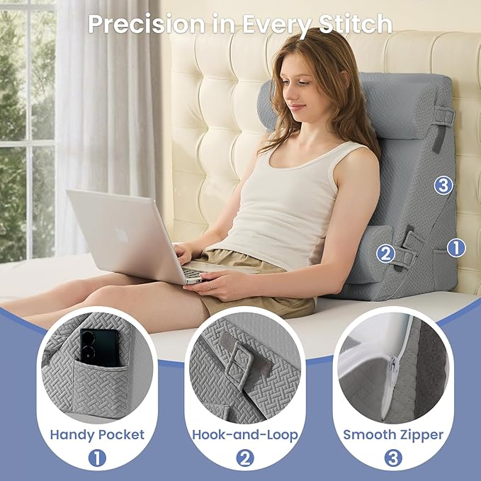 Sasttie Wedge Pillow Set for After Surgery, 3PCS Adjustable Bed Wedge Pillow Headboard with Memory Foam Neck Cushion – for Acid Reflux, Sleeping, Neck & Back Support, Dark Grey