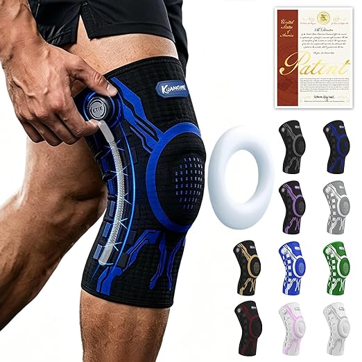 Kuangmi Knob Knee Brace for Pain Relief, Knee Support with Patella Gel Pad & Side Stabilizers, Compression Knee Sleeve for Workout, Arthritis, Joint Pain, Meniscus Tear (Blue Black,Right,X-Large,Single)