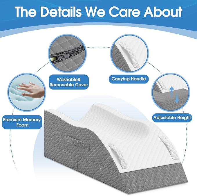 TranquilRelax Elevation Pillows for Leg After Surgery, Memory Foam Adjustable Wedge Pillow for Injury or Rest, Ankle Pillow for Sleeping Blood Circulation, Grey/Single Leg
