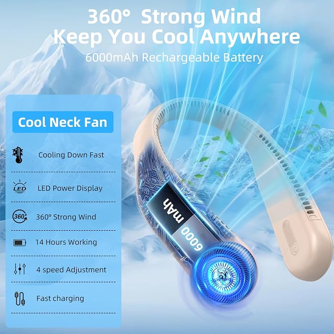 Portable Neck Fan, Personal Wearable Bladeless Fan, 6000mAh USB Rechargeable, 360° Airflow, LED Display, 4-Speeds, Hands Free Fan for Outdoor Indoor, Birthday Gifts for Men Women Dad Mom (Brown)