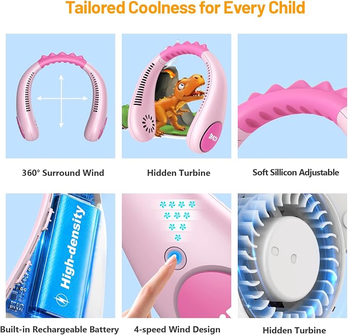 Kids Neck Fan, Portable Bladeless Fans for Kid 4-14Y Girls & Boys, 2600mAh USB Personal Mini Cooling Fan for Travel/Camping/Study, 4 Speeds, Lightweight, Compact, Perfect Summer Gifts for Kids