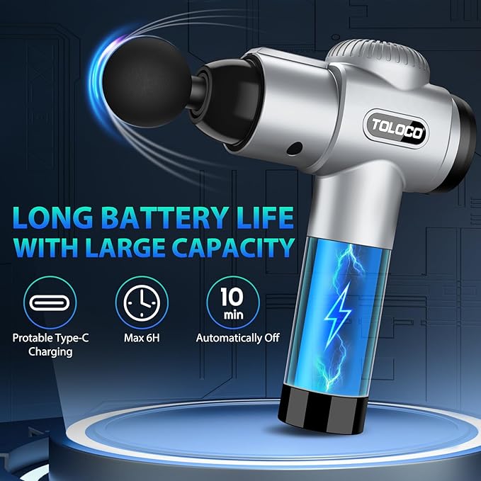TOLOCO Massage Gun, Muscle Massage Gun Deep Tissue for Athletes with 10 Massage Heads, Electric Percussion Massager for Any Pain Relief, Christmas Gifts for Women, Men, Silver