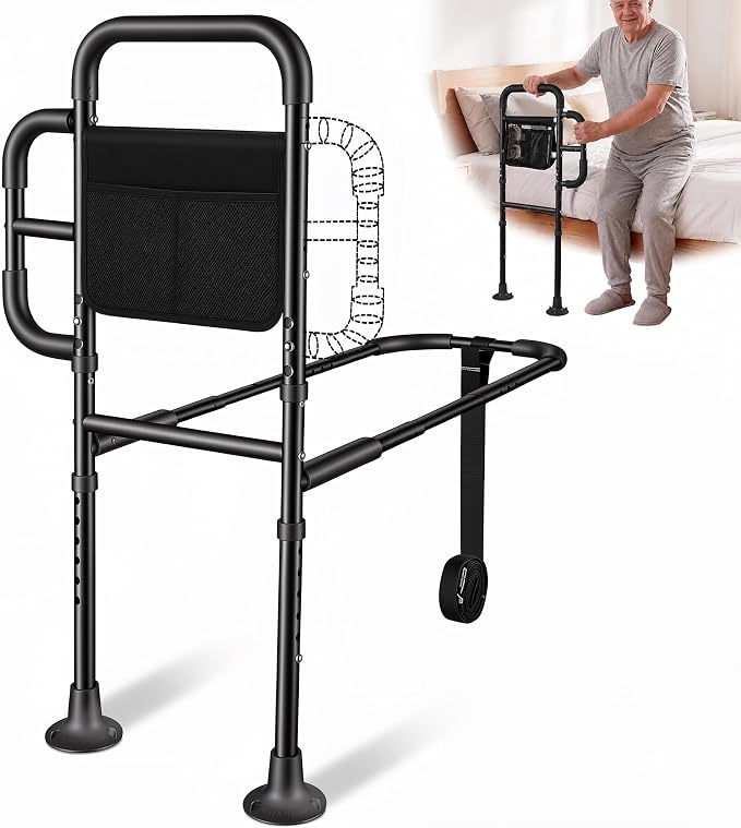 Bed Rails for Elderly Adults Safety, ASTM Tested 400 LBS Bed Assist Rail with Side Assist Handle, Ergonomic Foam Grip, Bed Cane for Seniors, Adjustable Height Thickened Carbon Steel Frame (Black)