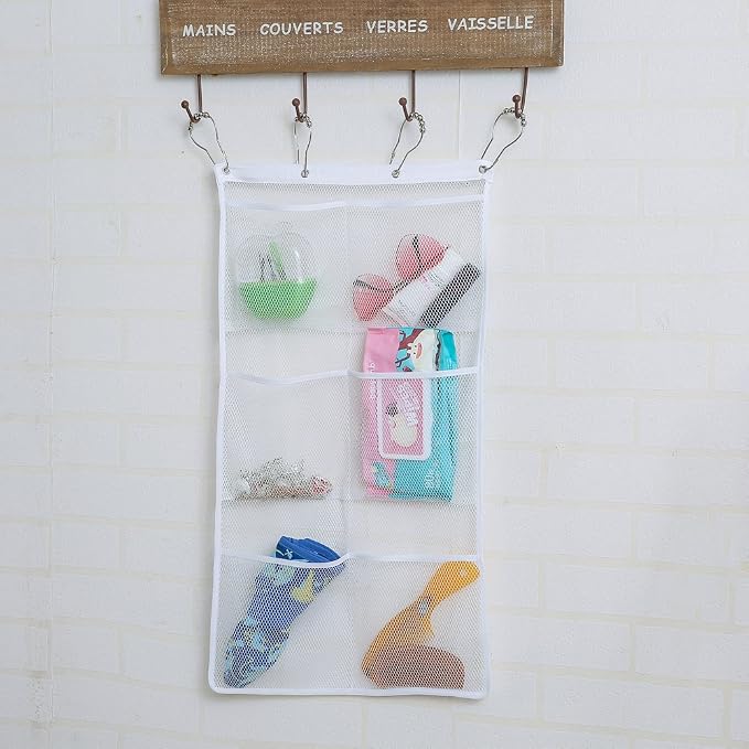 Bsagve 2 Pack Mesh Hanging Caddy Organizer with 6 Pockets, Shower Curtain Rod Liner Hanging Storage Pockets Bathroom Hanger, Bath Toy Holder