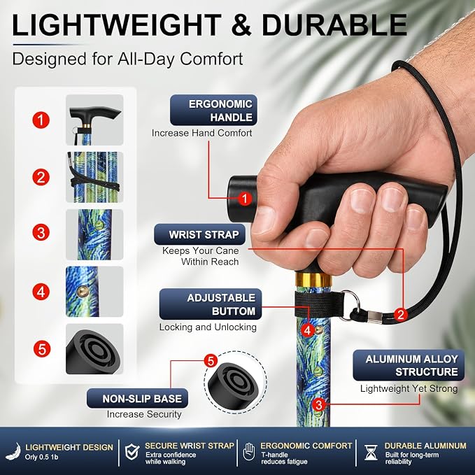 supregear Folding Cane, 5-Level Adjustable Height Walking Stick Lightweight Collapsible Portable Travel Cane with Wrist Strap and T Handle for Elderly Disabled Men Women