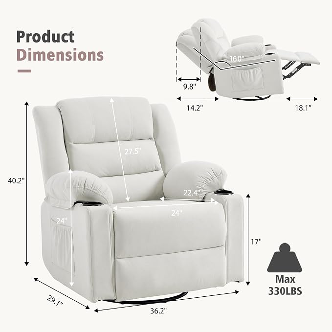 Ketaiyou Swivel Rocker Recliner Chair for Adults with Massage and Heat, Cup Holders and Side Pockets, Glider Rocking Reclining Single Sofa Chair for Living Room(Beige2)
