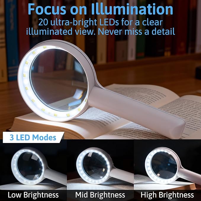 10X Large Magnifying Glass with Light, Upgraded 4.33" Handheld Illuminated Lighted Magnifier with 3 Light Modes for Seniors Reading, Coins, Jewelry, Close Work, Kids Nature Exploration(White)