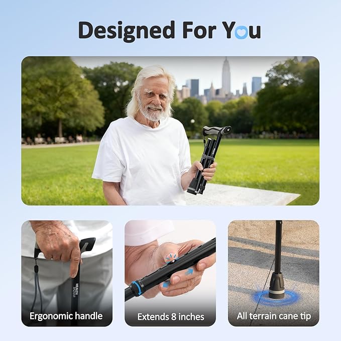 Walking Cane with LED Light, Folding Canes for Men & Women with Shock Absorption - Adjustable, Lightweight Collapsible Walking Sticks with Comfort Grip Handle, Heavy Duty All Terrain Tip