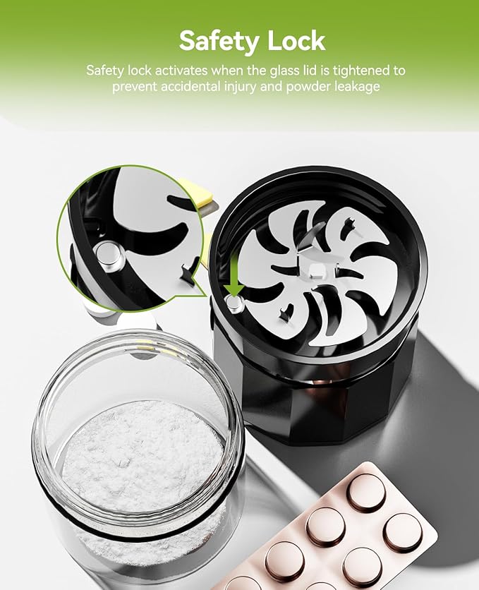 Cordless Electric Pill Crusher - Wodvalt Pill Crusher Fine Powder with Stainless Steel Blade, Grind and Pulverize for Pills & Vitamins Extremely Fine for Elderly and Pets (Black)