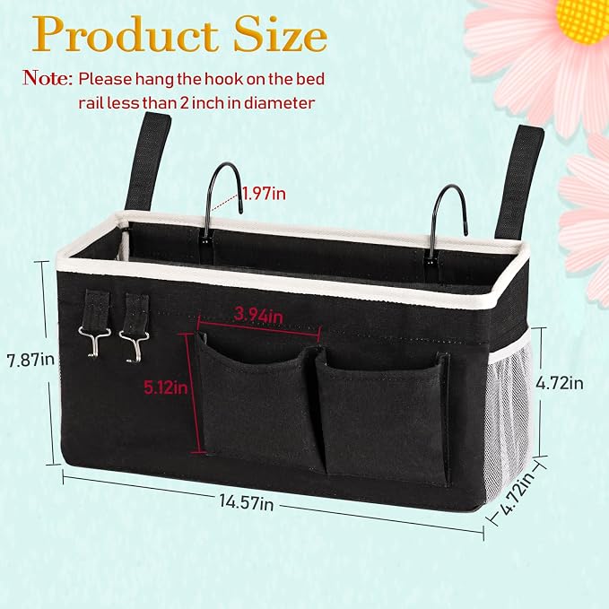 Bedside Caddy Bedside Storage Bag for Headboards/Bunk Bed | Hanging Bed Caddy with Hooks fits Bunk bed Hospital Beds Dorm Bed Rails, Essentials for Phones, Books, Remotes, Water Bottles