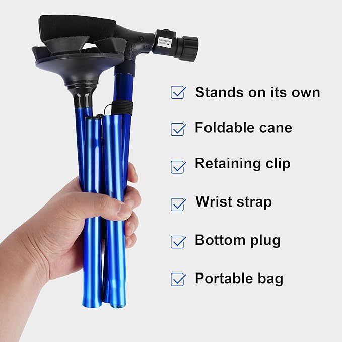 Folding Cane with Led Light, Adjustable Canes for Men and Women, Walking Stick for Elderly with Cushion Handle and Pivoting Quad Base for Hiking Mountain Climbing Backpacker…