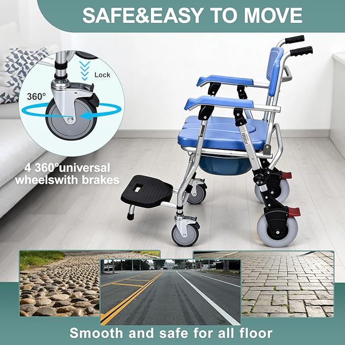 Bedside Commode with Wheels - Anti-Sponge Padded Seat, Foldable Mobile Toilet Shower Stool with 300 LBS Weight Capacity, Portable Toilet with Bucket for Elderly and Disabled
