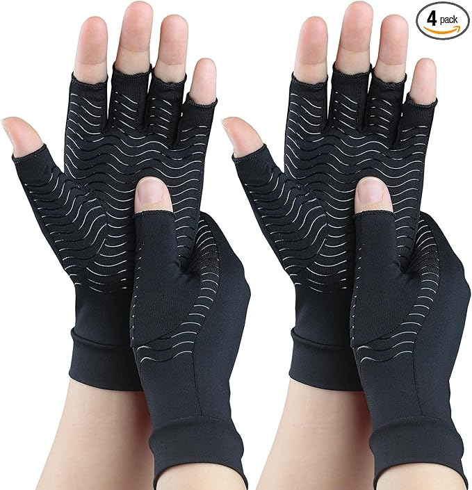2 Pairs Copper Arthritis Gloves for Carpal Tunnel Pain Relief, Compression Gloves to Alleviate Hand Pain,Swelling,Fingerless Typing Gloves for Rheumatoid,Tendonitis for Women&Men (Medium)