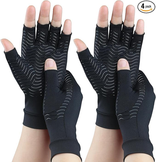 2 Pairs Copper Arthritis Gloves for Carpal Tunnel Pain Relief, Compression Gloves to Alleviate Hand Pain,Swelling,Fingerless Typing Gloves for Rheumatoid,Tendonitis for Women&Men (Large)