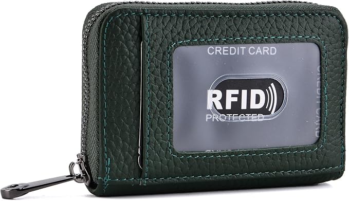 Genuine Leather Credit Card Wallet Accordion Zipper Rfid Credit Card Holder Small Coin Purse with ID Window (green)