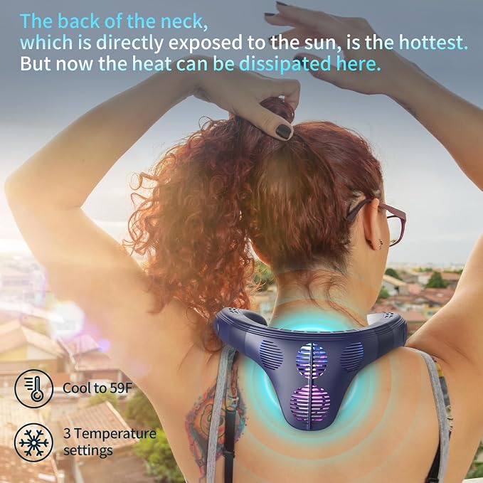 Neck Fan Back-Windy 6000mAh with Cooling Plate Bladeless Portable | Thermo-Electric Cooler Rechargeable Camping Essentials for Women Men Outdoor Activities Gardening Walking the Dogs(Navy Blue)